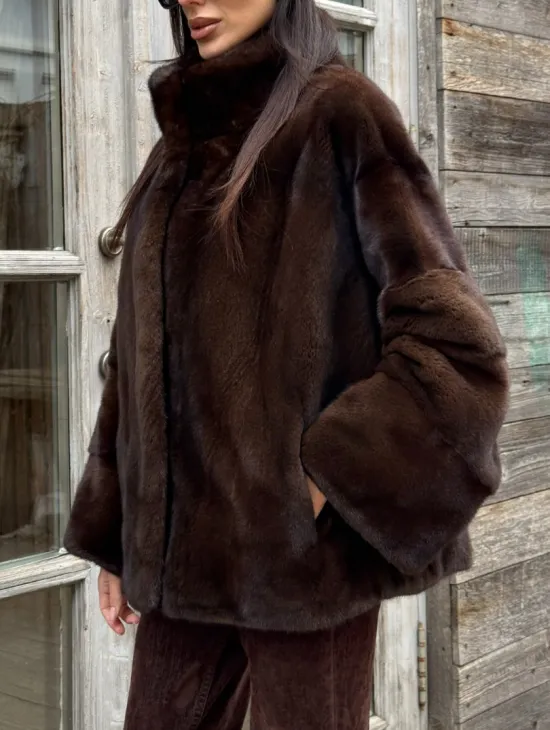 Норковый полушубок из меха аукционной норки, стойка воротник