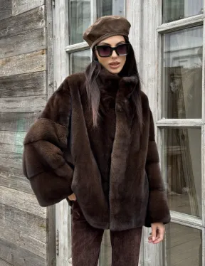 Норковый полушубок из меха аукционной норки, стойка воротник