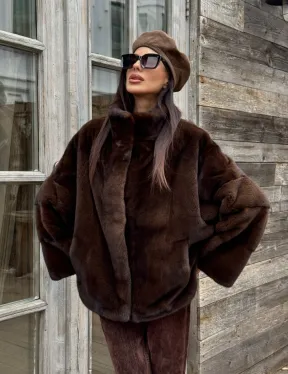 Норковый полушубок из меха аукционной норки, стойка воротник