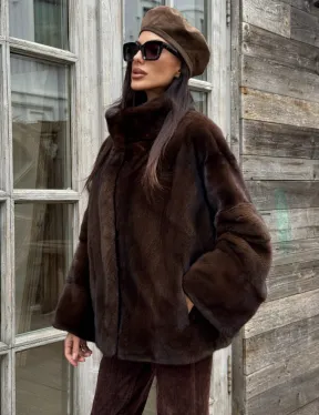 Норковый полушубок из меха аукционной норки, стойка воротник