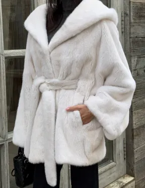 Шуба норковая летучая мышь с капюшоном, мех аукционная норка Palomino