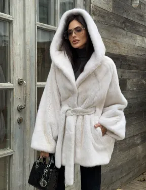 Шуба норковая летучая мышь с капюшоном, мех аукционная норка Palomino