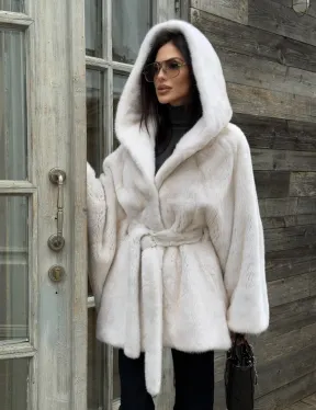 Шуба норковая летучая мышь с капюшоном, мех аукционная норка Palomino