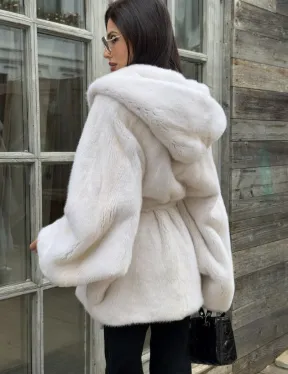 Шуба норковая летучая мышь с капюшоном, мех аукционная норка Palomino