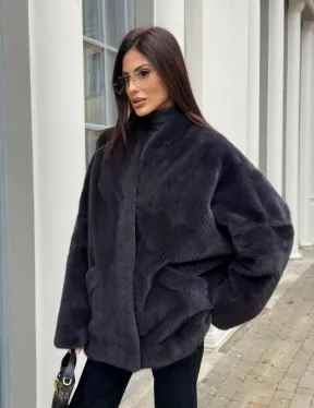 Графитовый норковый жакет с V-образным воротником