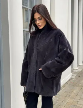 Графитовый норковый жакет с V-образным воротником