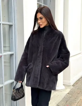 Графитовый норковый жакет с V-образным воротником