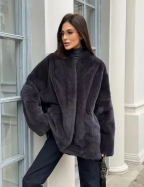 Графитовый норковый жакет с V-образным воротником