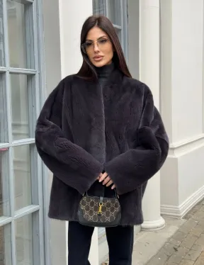 Графитовый норковый жакет с V-образным воротником