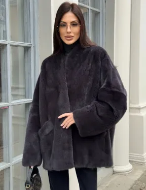 Графитовый норковый жакет с V-образным воротником