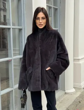 Графитовый норковый жакет с V-образным воротником