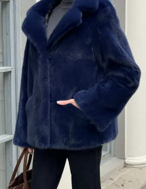 Синий норковый полушубок с английским воротником