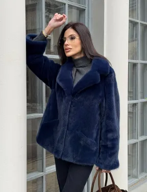 Синий норковый полушубок с английским воротником