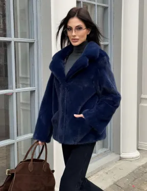 Синий норковый полушубок с английским воротником