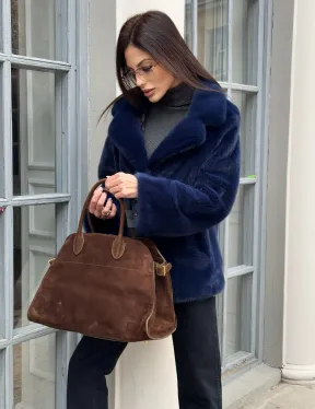 Синий норковый полушубок с английским воротником