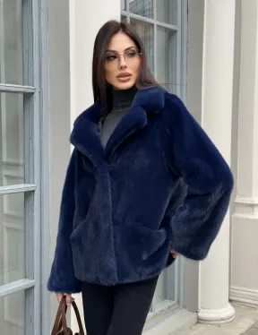 Синий норковый полушубок с английским воротником
