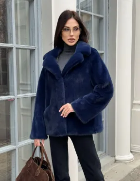 Синий норковый полушубок с английским воротником