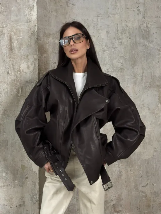 Модная кожаная куртка - бомбер на резинке из натуральной гладкой кожи