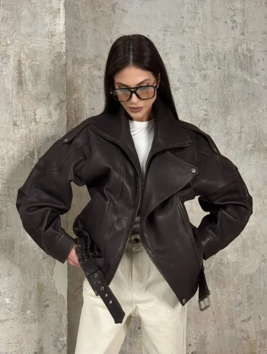 Модная кожаная куртка - бомбер на резинке из натуральной гладкой кожи