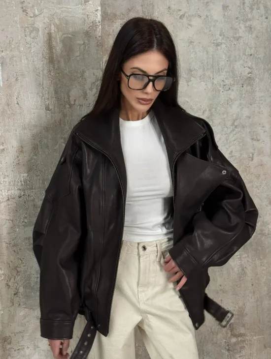 Модная кожаная куртка - бомбер на резинке из натуральной гладкой кожи