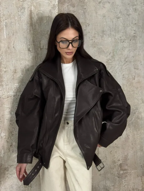 Модная кожаная куртка - бомбер на резинке из натуральной гладкой кожи