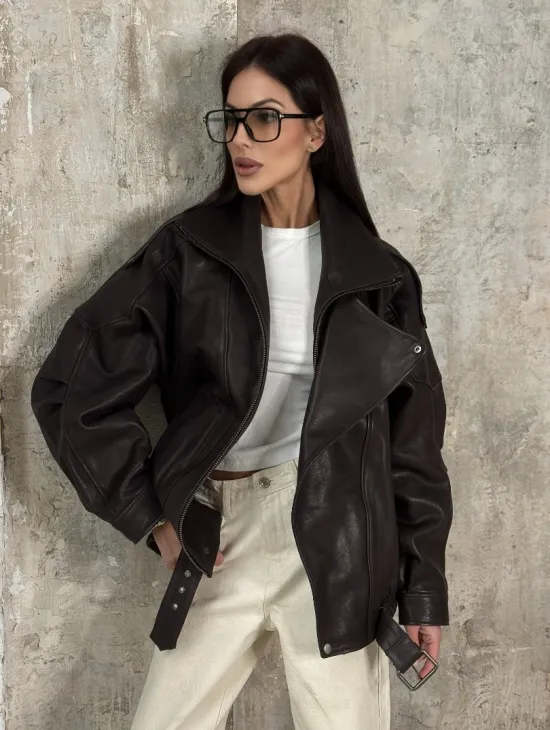 Модная кожаная куртка - бомбер на резинке из натуральной гладкой кожи