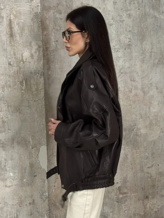 Модная кожаная куртка - бомбер на резинке из натуральной гладкой кожи