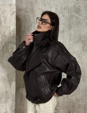 Модная кожаная куртка - бомбер на резинке из натуральной гладкой кожи