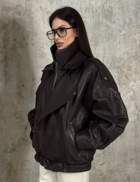 Модная кожаная куртка - бомбер на резинке из натуральной гладкой кожи