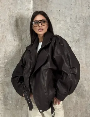Модная кожаная куртка - бомбер на резинке из натуральной гладкой кожи