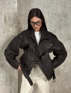 Модная кожаная куртка - бомбер на резинке из натуральной гладкой кожи