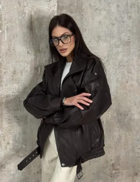 Модная кожаная куртка - бомбер на резинке из натуральной гладкой кожи
