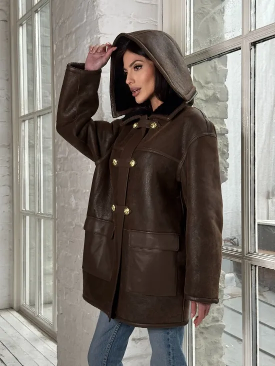 Двухсторонняя дублёнка из овчины с отстегивающимся капюшоном