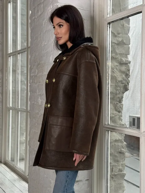 Двухсторонняя дублёнка из овчины с отстегивающимся капюшоном