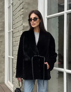 Комбинированная женская дубленка из мутона с мехом норки