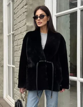 Комбинированная женская дубленка из мутона с мехом норки