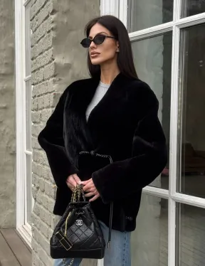 Комбинированная женская дубленка из мутона с мехом норки