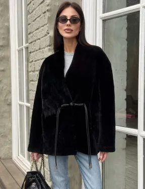 Комбинированная женская дубленка из мутона с мехом норки