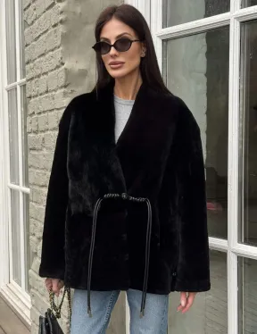 Комбинированная женская дубленка из мутона с мехом норки