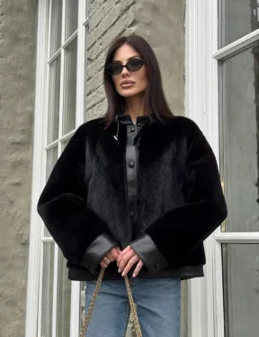 Куртка из мутона с мехом норки - черная