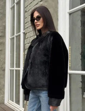 Куртка из мутона с мехом норки - черная