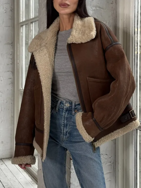 Женская короткая дубленка Brown vintage из натуральной овчины кёрли