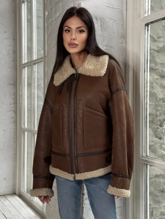 Женская короткая дубленка Brown vintage из натуральной овчины кёрли