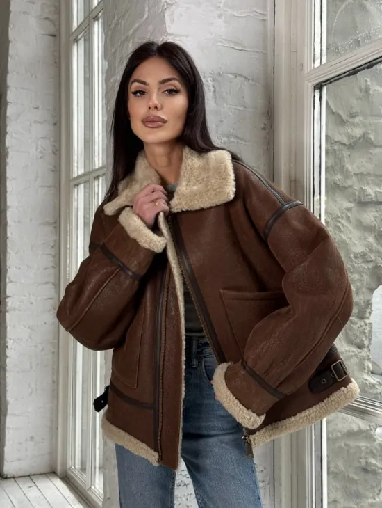 Женская короткая дубленка Brown vintage из натуральной овчины кёрли
