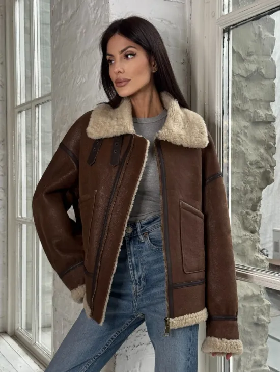 Женская короткая дубленка Brown vintage из натуральной овчины кёрли