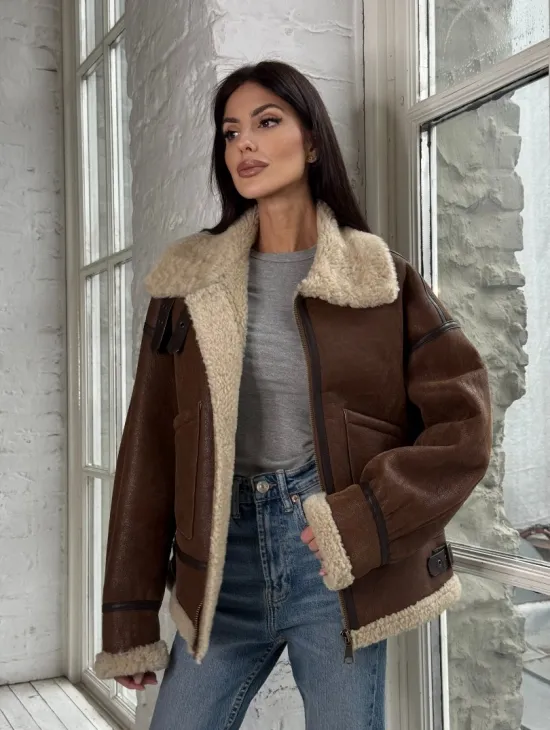 Женская короткая дубленка Brown vintage из натуральной овчины кёрли