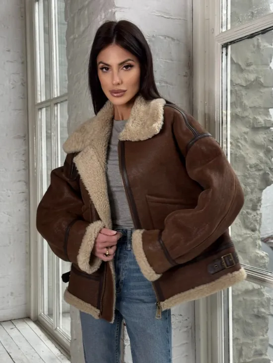 Женская короткая дубленка Brown vintage из натуральной овчины кёрли