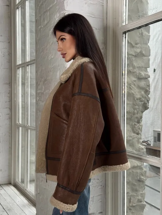Женская короткая дубленка Brown vintage из натуральной овчины кёрли