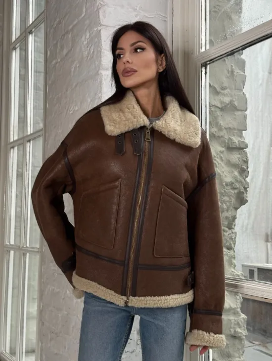 Женская короткая дубленка Brown vintage из натуральной овчины кёрли