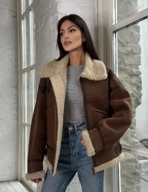 Женская короткая дубленка Brown vintage из натуральной овчины кёрли